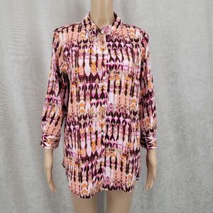 Intro Linen Rayon Colorful Button-Up Shirt Adjustable Roll Tab Sleeves Women's M